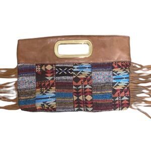 Vintage clutch retro boho snap closure hand bag with fringes aztec tribal print